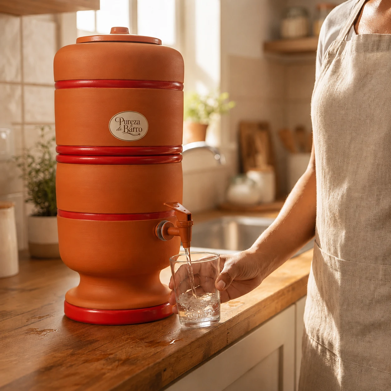 Filtro de barro 6 litros com torneira, em cozinha clara